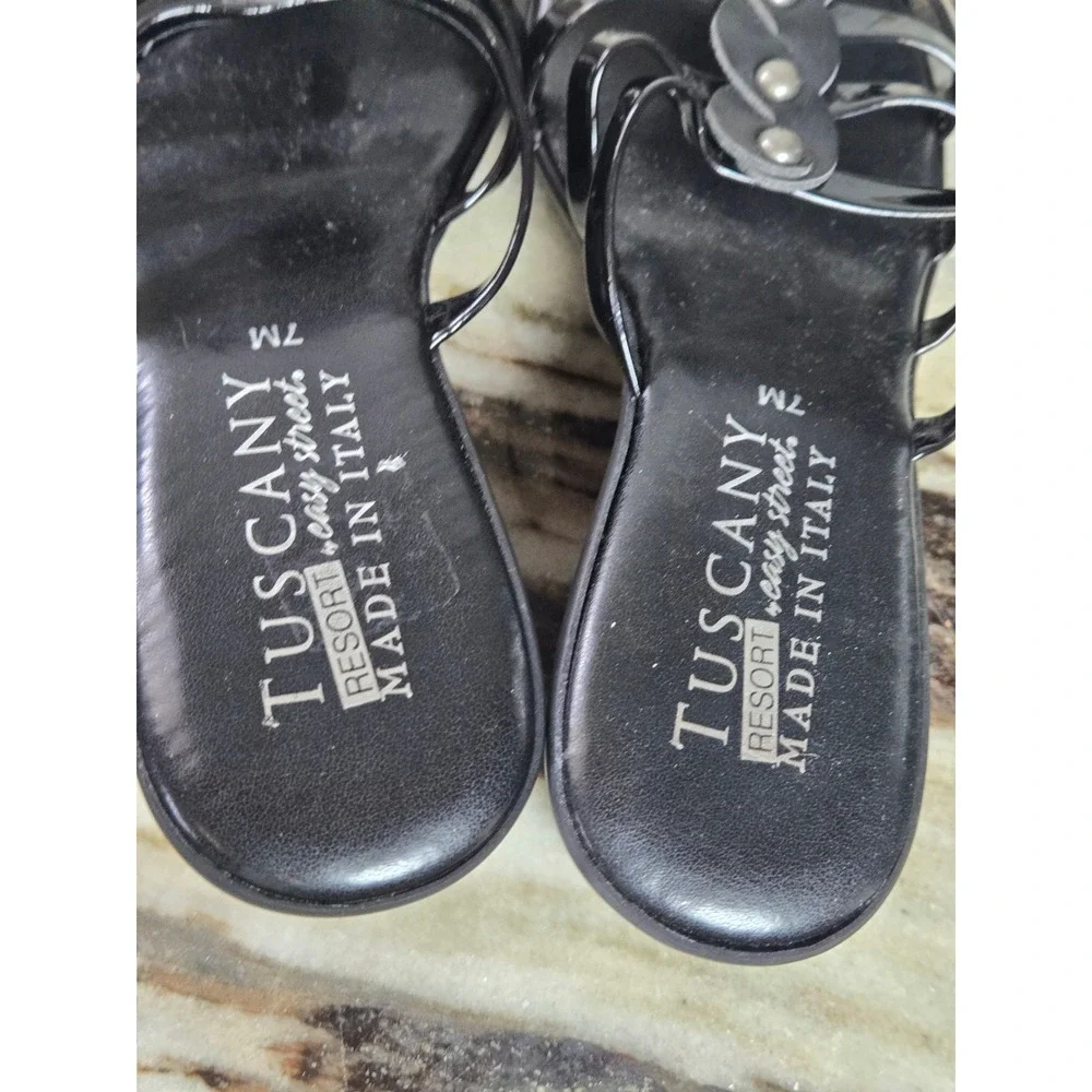 Tuscany by Easy Street Black Patent Wedge Sandals Made in‎ Italy Studded 7M